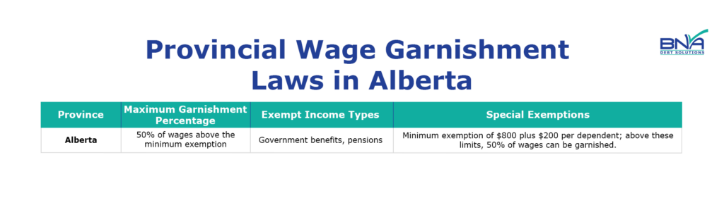 Overview of provincial wage garnishment laws in Alberta, explaining garnishment limits and protected income types.